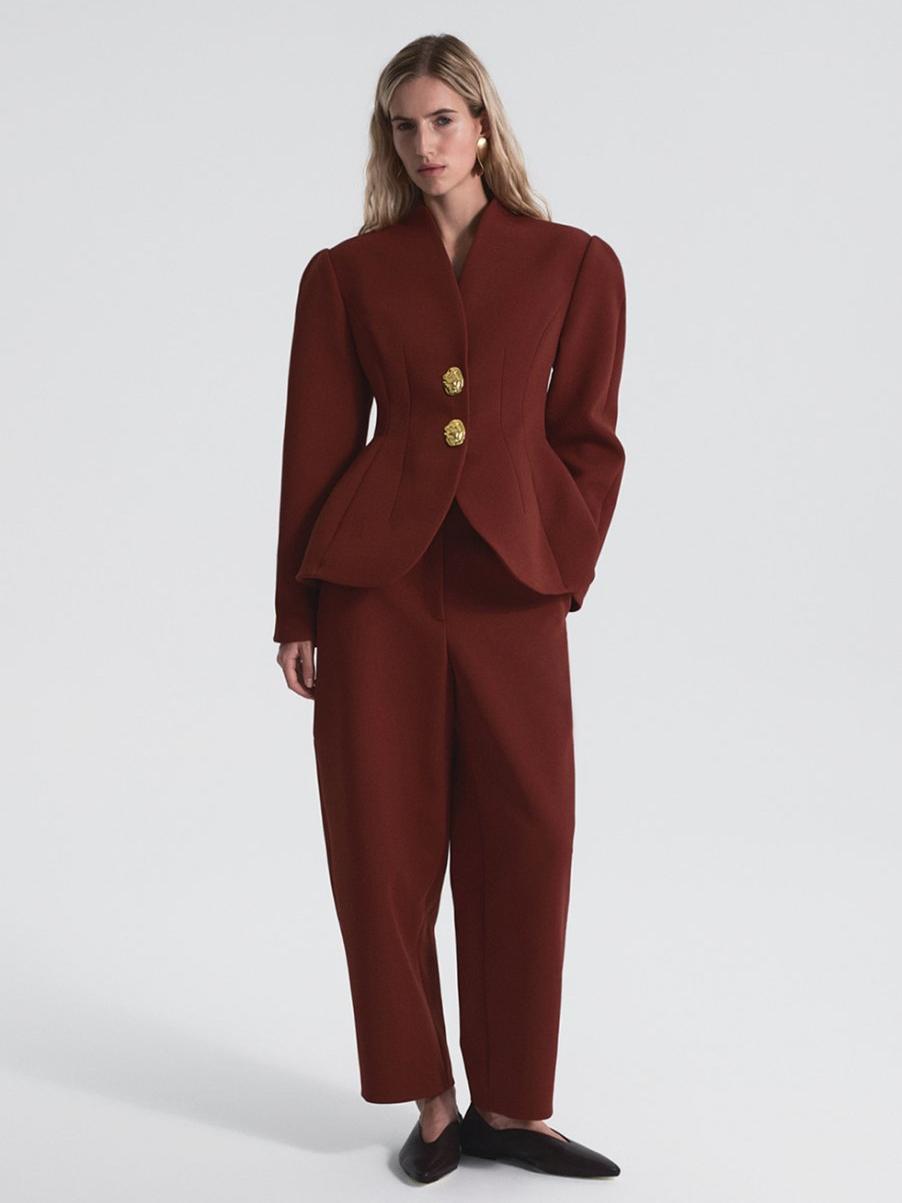 Women's burgundy peplum blazer and trousers set
