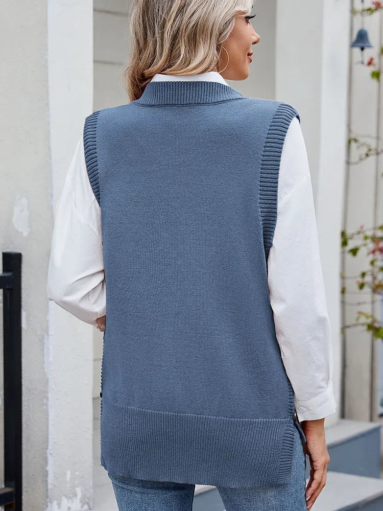 Women's caramel side-slit button sweater