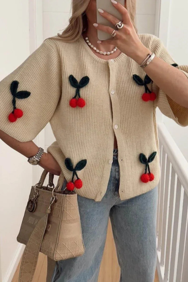 Women's cherry print V-neck cardigan