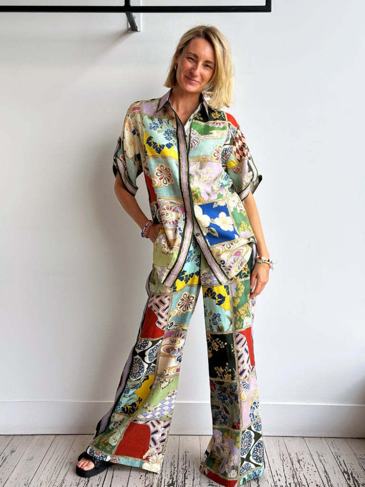 Women's Colour-Block Shirt and Trouser Set