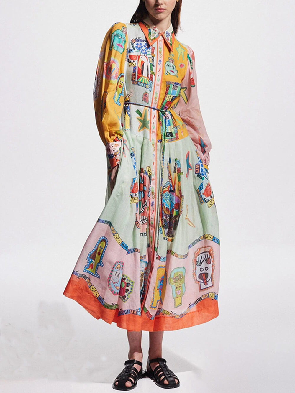 Women's colourblock balloon sleeve shirt dress with peaked collar