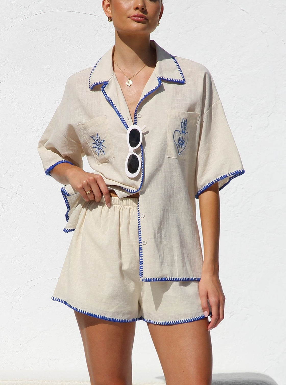 Women's Contrast Stitch Shirt and Shorts Set