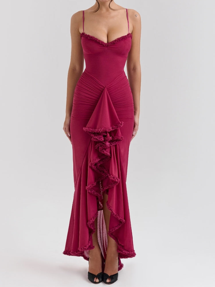 Women's Coral Ruffled Front Gown — back view