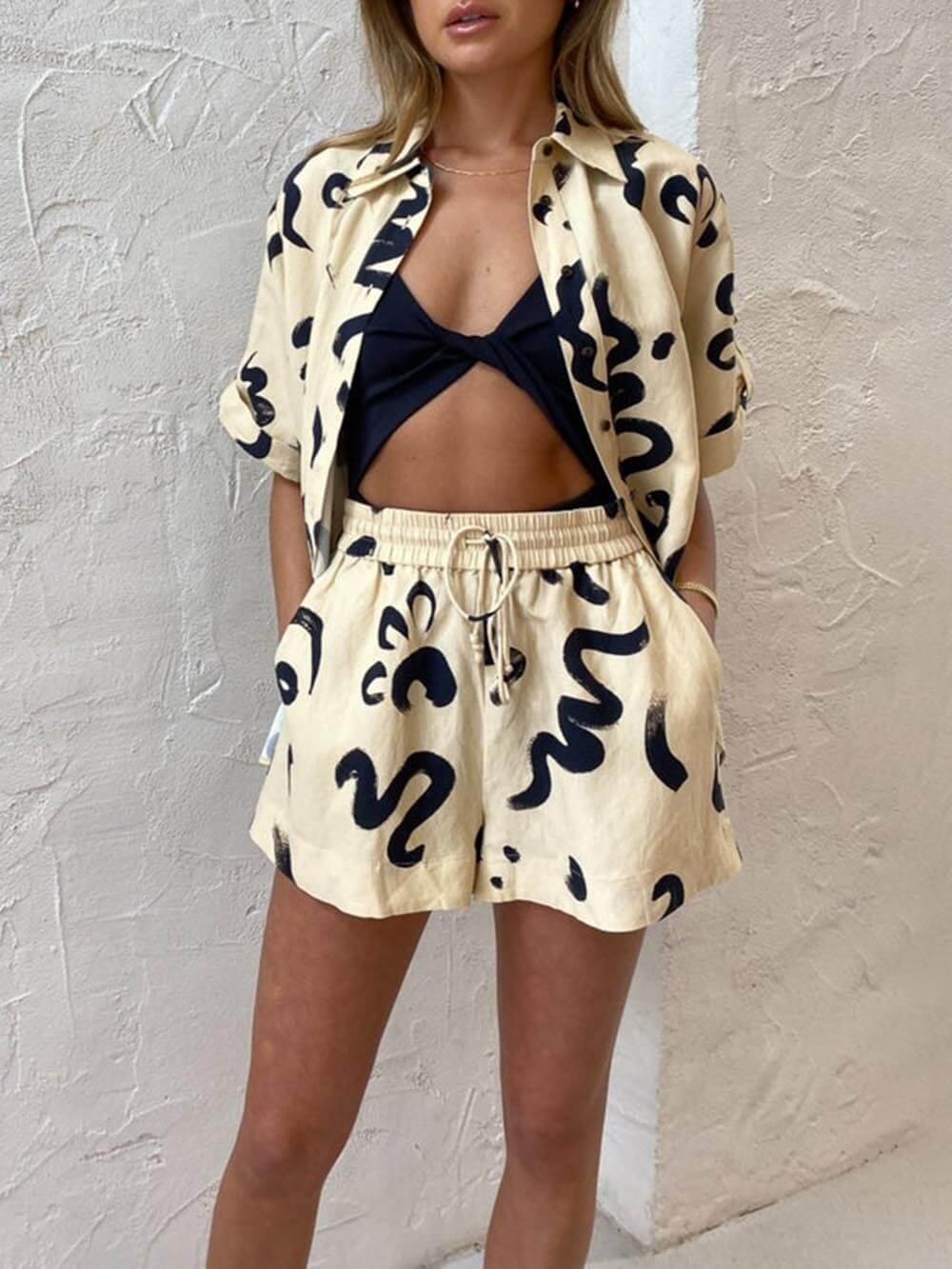 Women's coral sun print shirt and shorts co-ord set — alternate angle