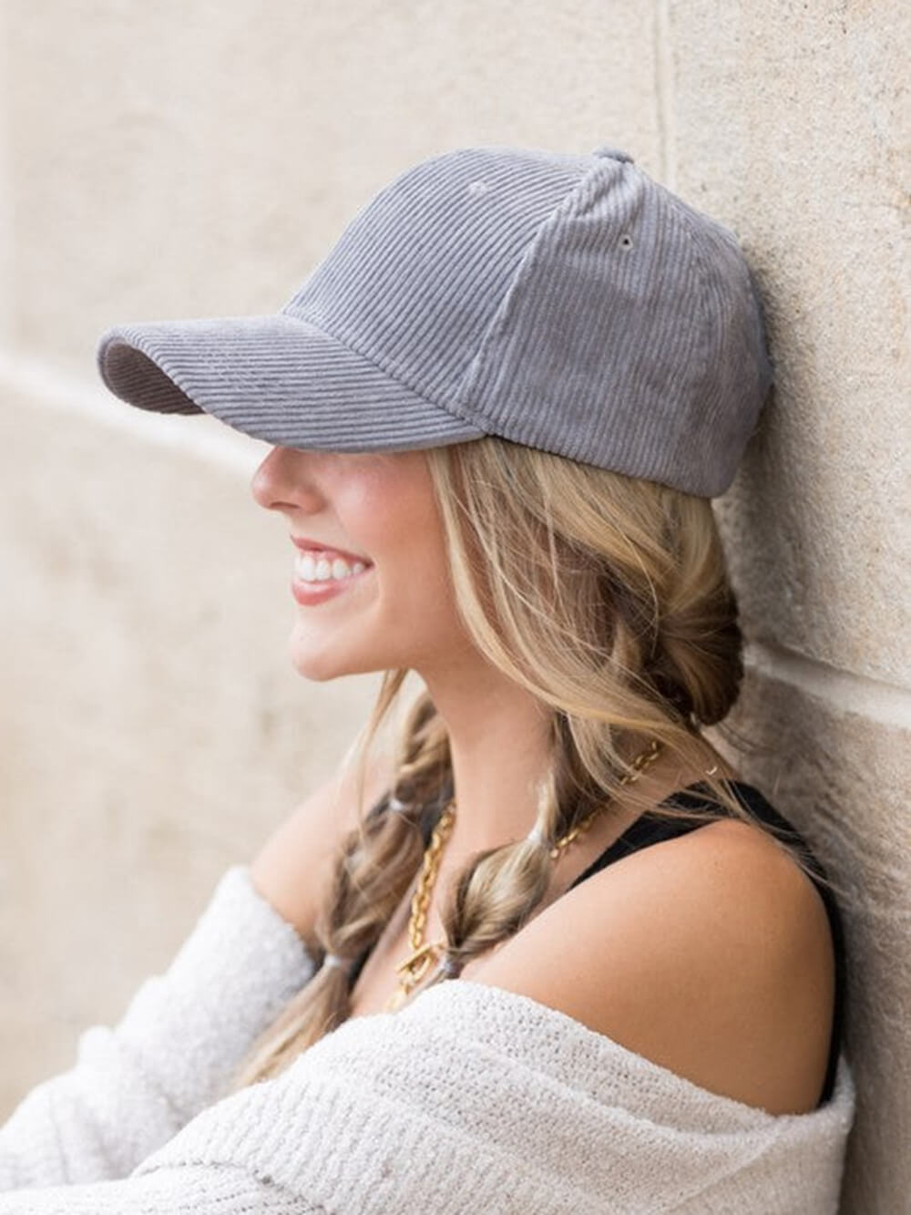 Women's corduroy boyfriend ball cap — styled look