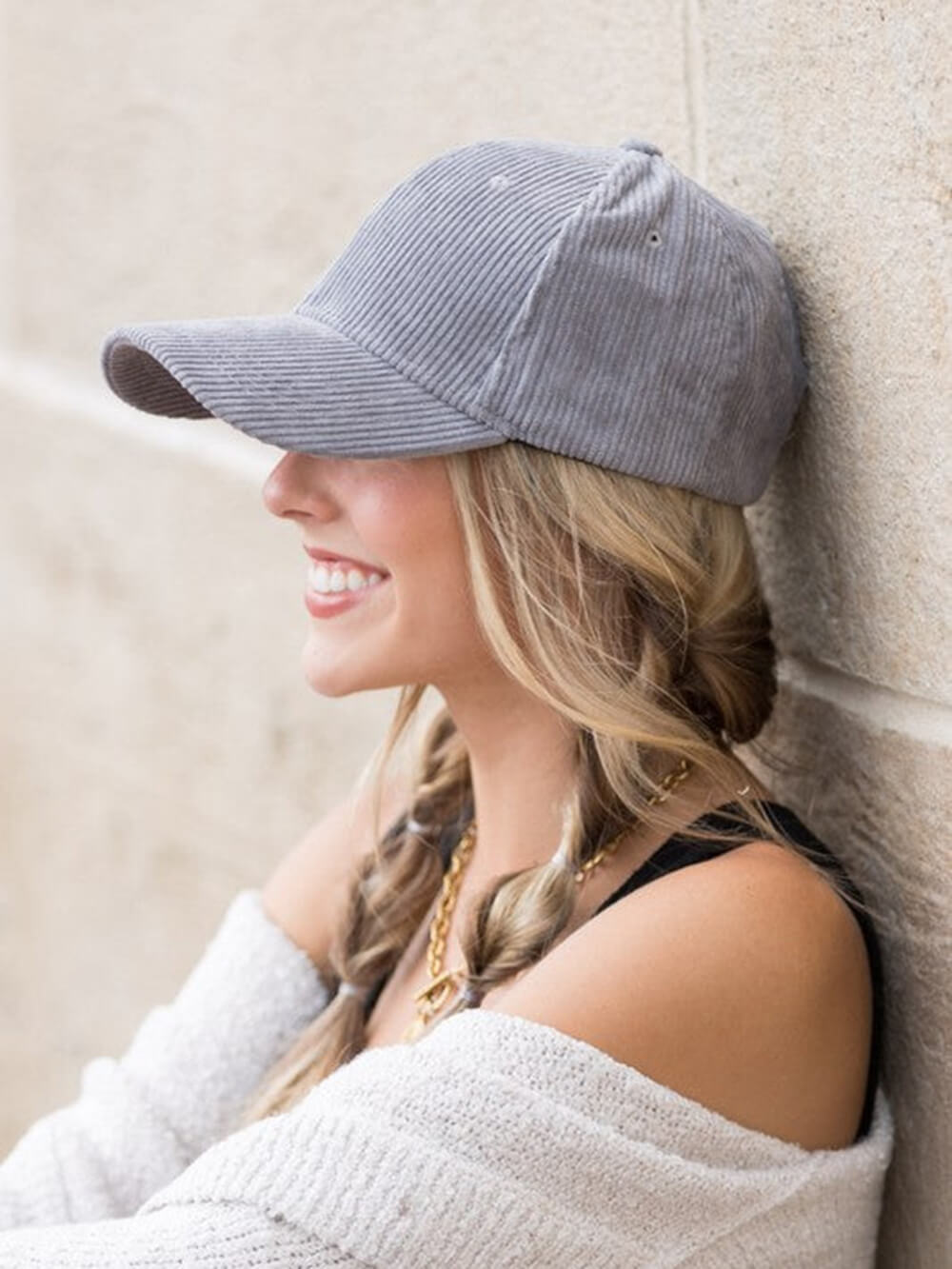 Women's corduroy boyfriend ball cap — close-up texture