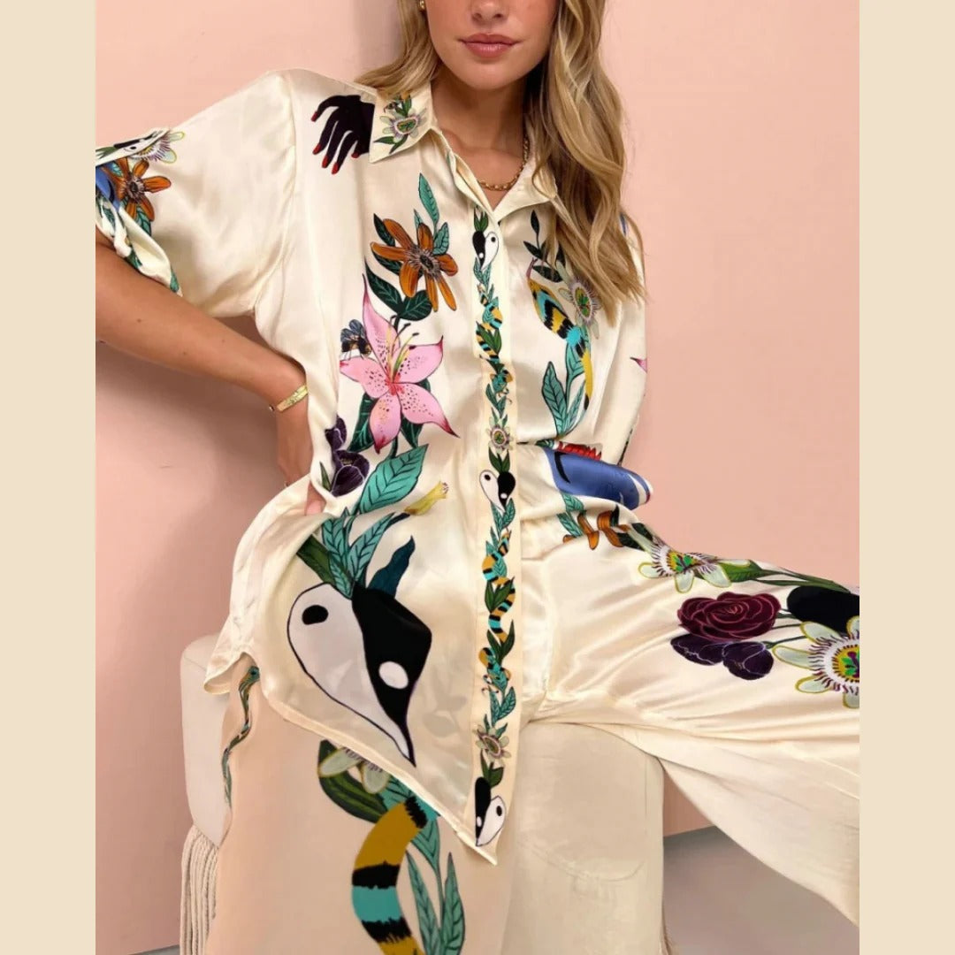 Women's cream satin shirt and pants set — front detail