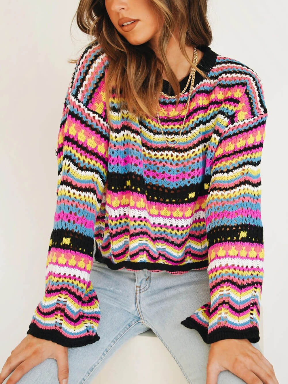 Women's Crew Neck Striped Sweater