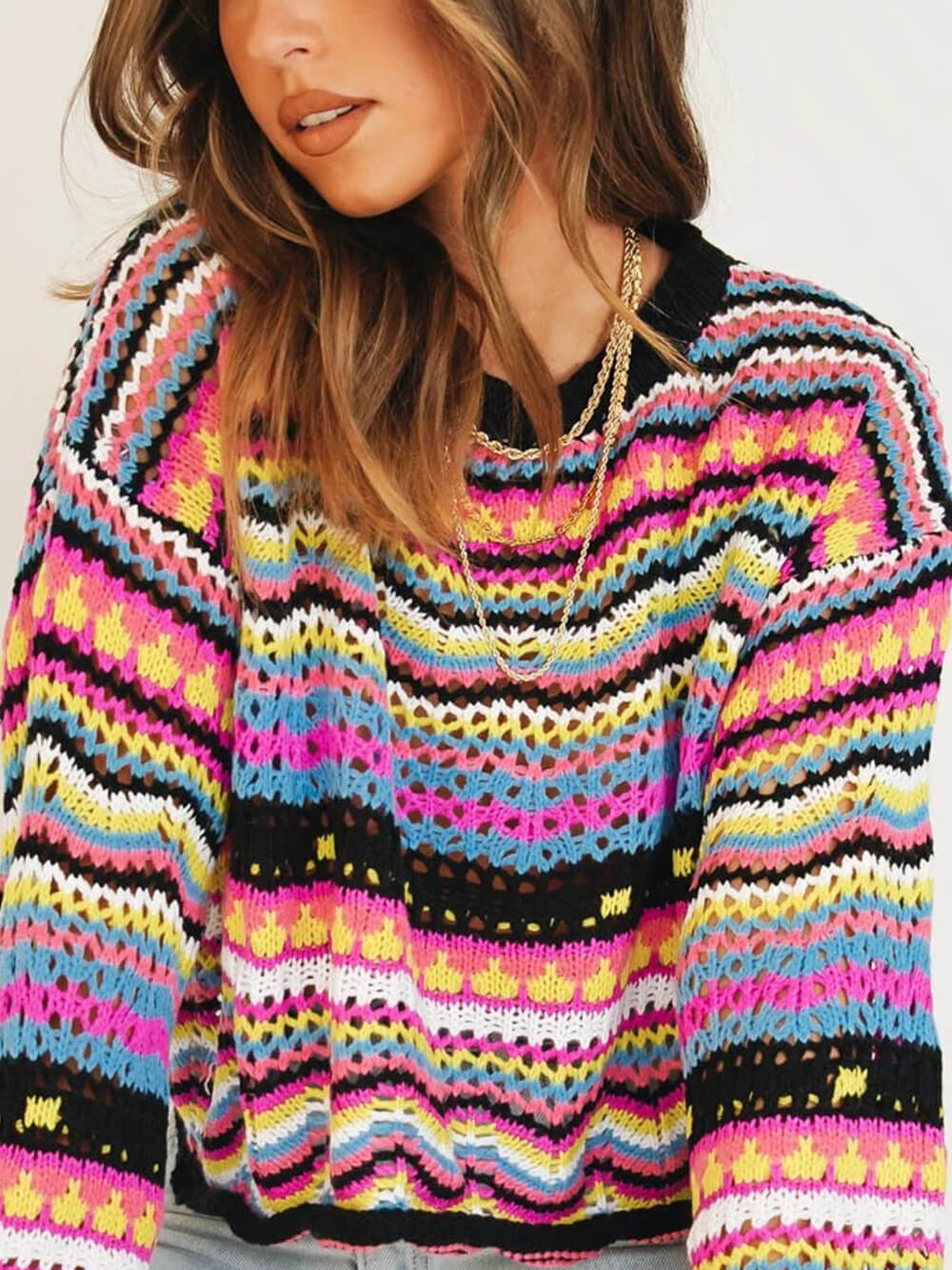Women's Crew Neck Striped Sweater — alternate angle