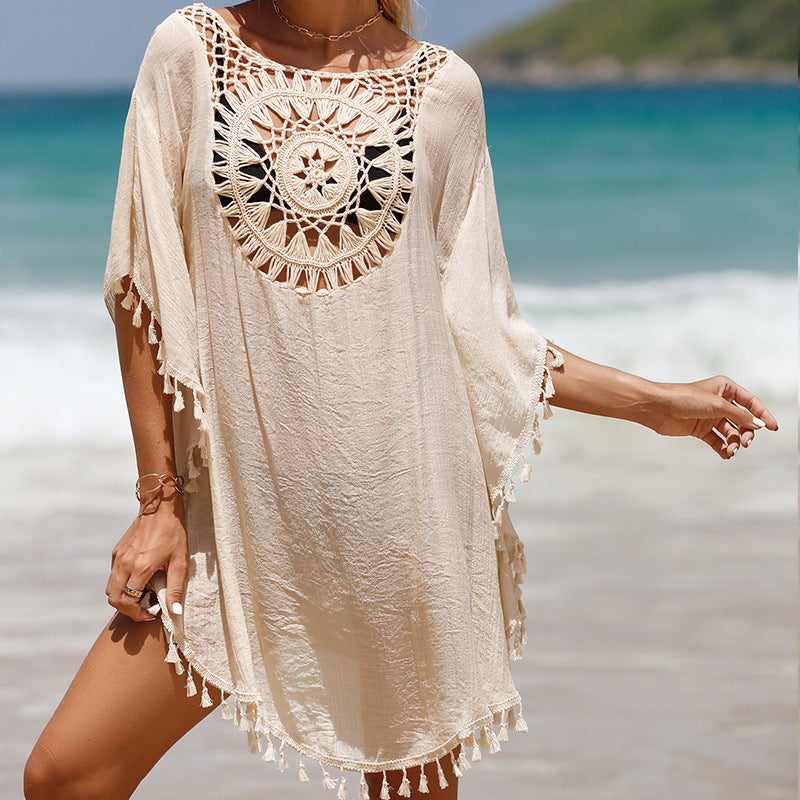 Women's crochet fringe beach cover-up - lifestyle beach shot