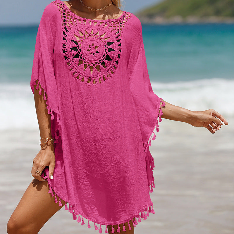 Women's crochet fringe beach cover-up - styled look