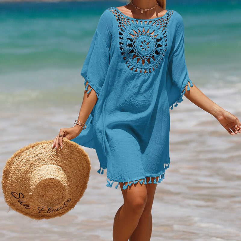 Women's crochet fringe beach cover-up - back view