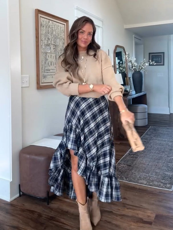 Women's cropped knit sweater and plaid skirt set