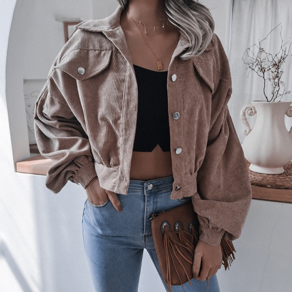 Women's Cropped Corduroy Lantern Sleeve Jacket