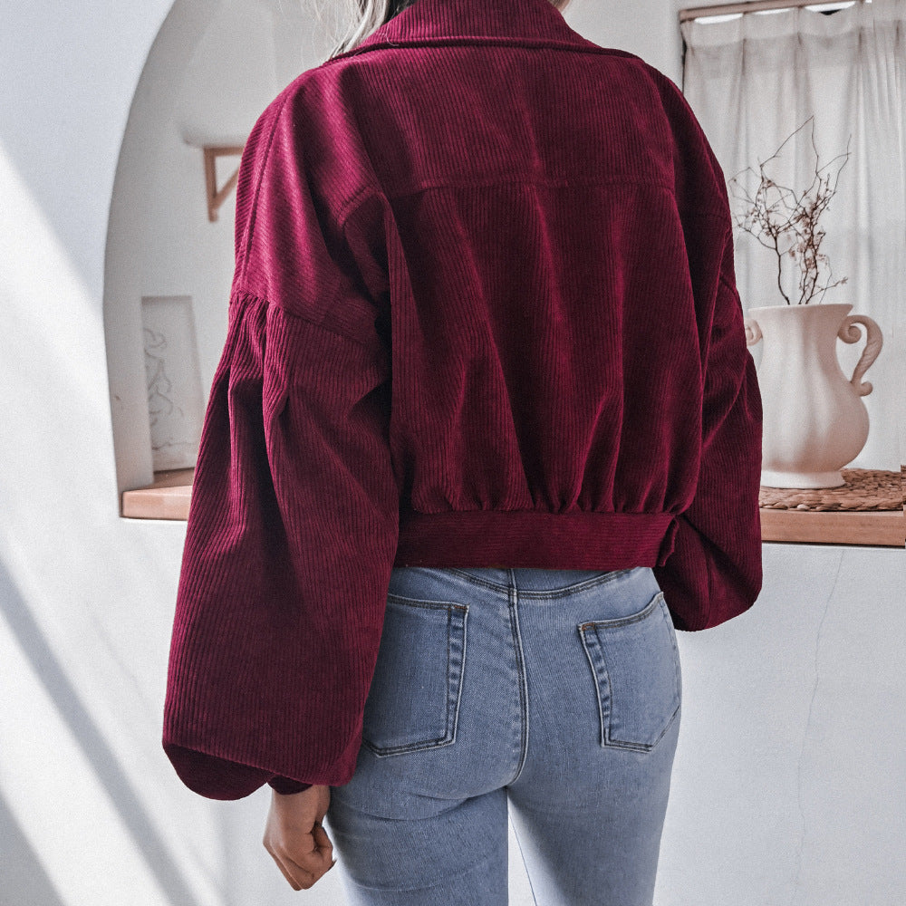 Women's Cropped Corduroy Lantern Sleeve Jacket