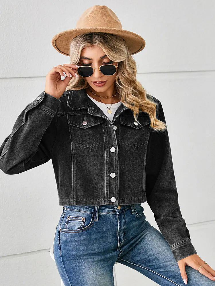 Women's Cropped Denim Jacket — button detail