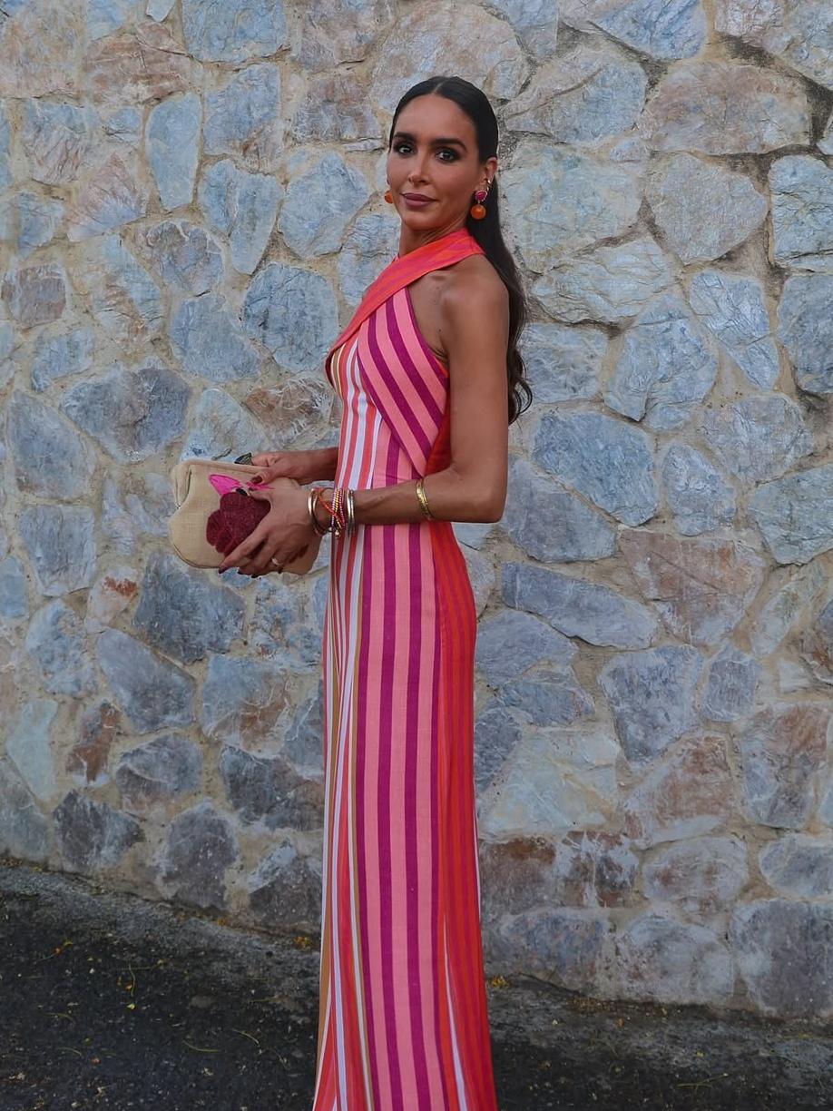 Women's cross-halter striped maxi dress — back view