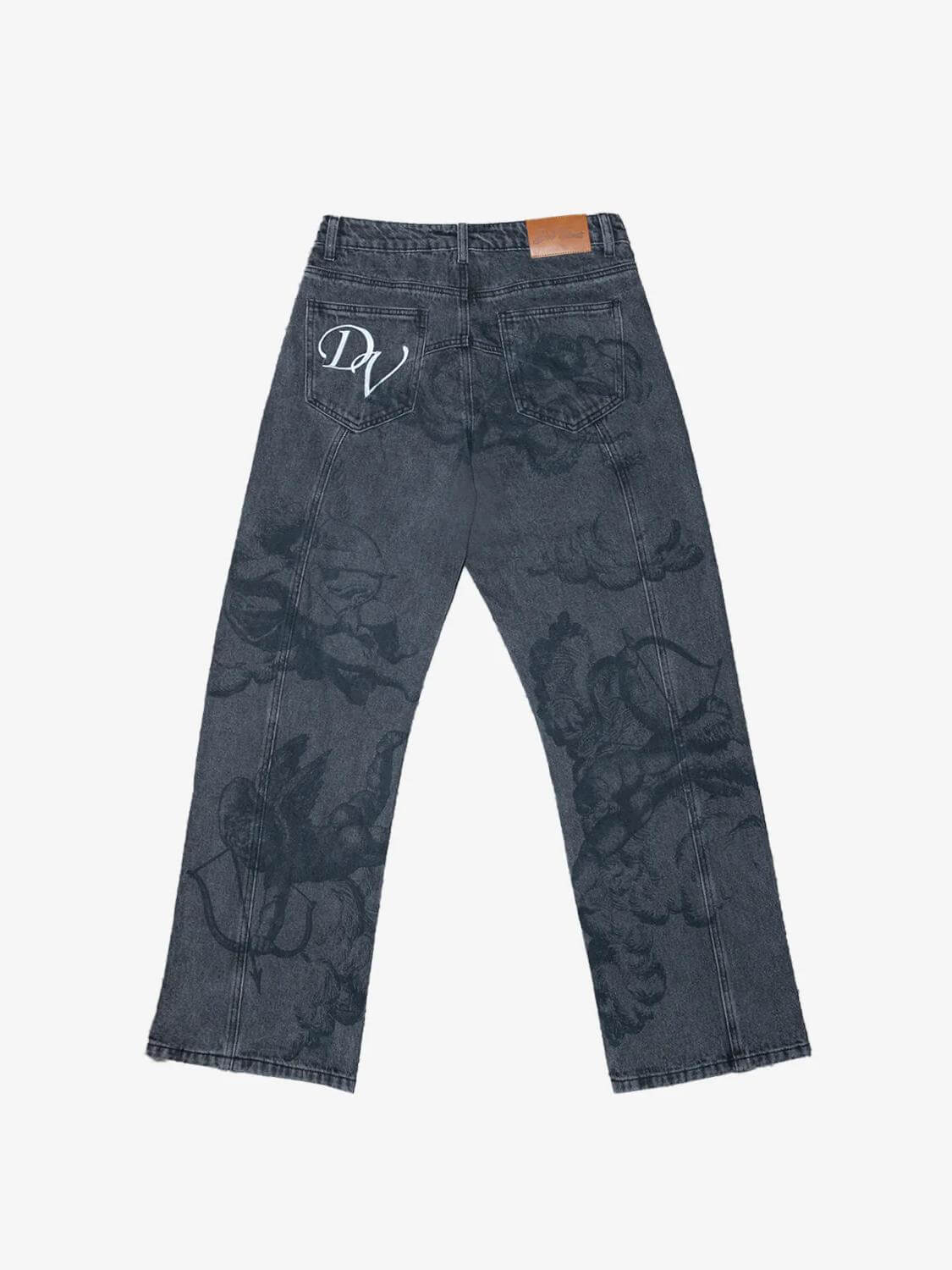 Women's Black Cupid Print Baggy Jeans — back view