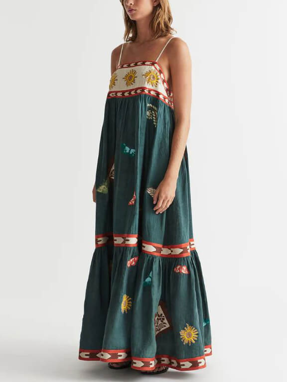 Women's dark green printed sleeveless midi dress — back view