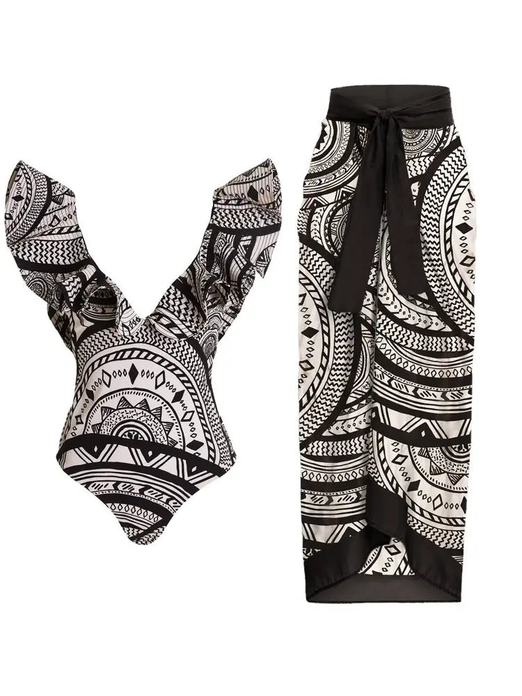 Women's deep v ruffle print swimsuit