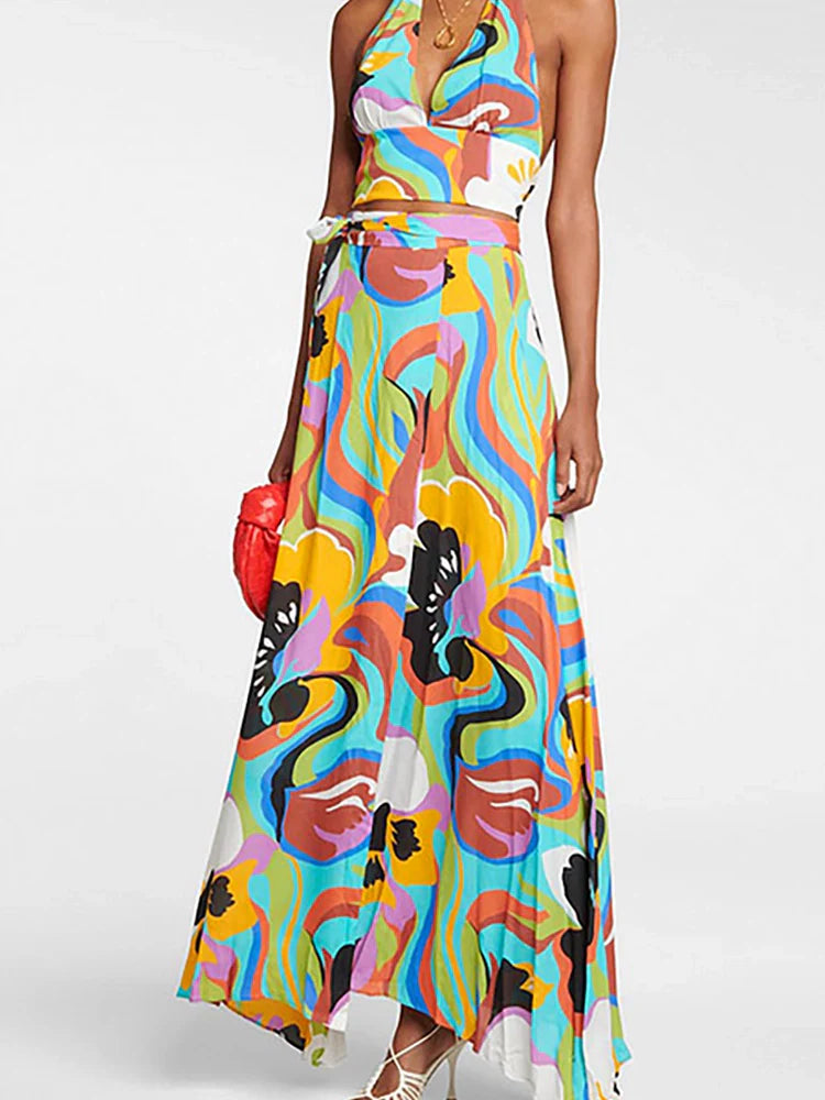 Women's deep-V halter print swimsuit set