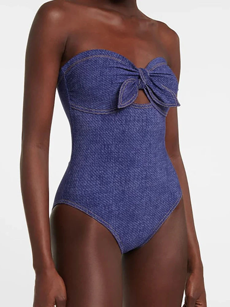 Women's denim-print bandeau one-piece swimsuit
