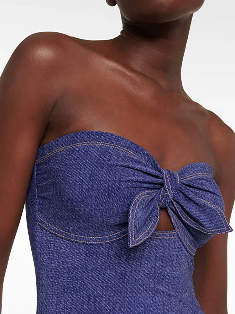 Women's denim-print bandeau one-piece swimsuit — alternate angle