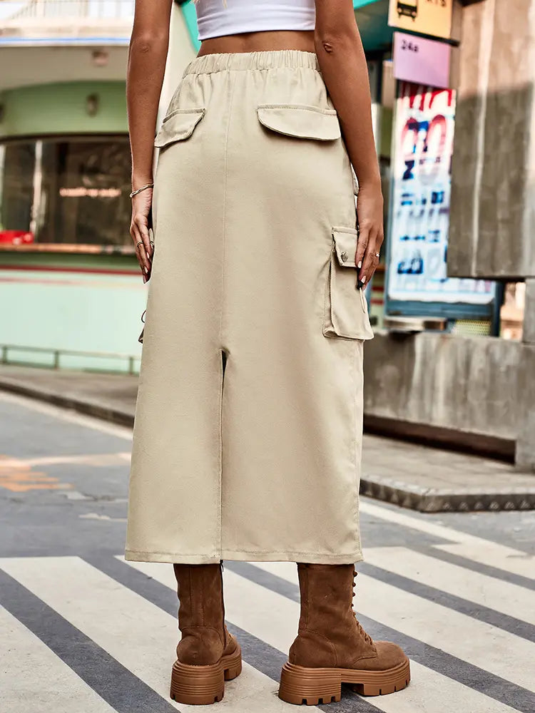 Women's denim cargo midi skirt with drawstring waist and pockets — back view