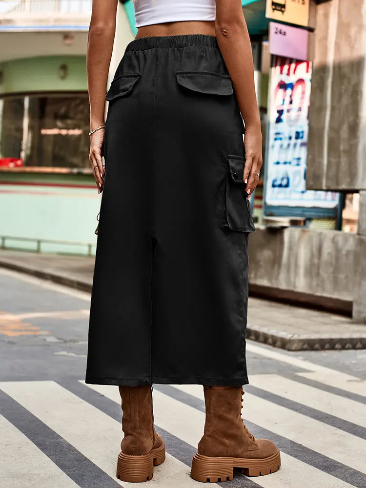 Women's denim cargo midi skirt with drawstring waist and pockets — close-up detail