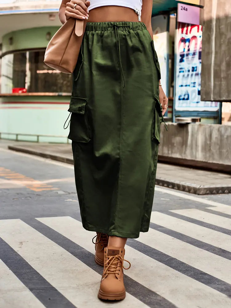 Women's denim cargo midi skirt with drawstring waist and pockets — side detail