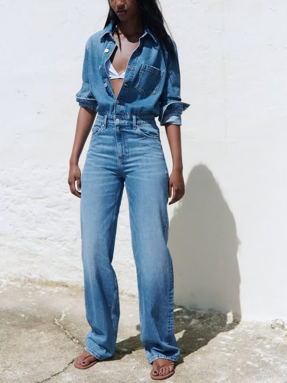 Women's Blue Straight Leg Denim Jumpsuit