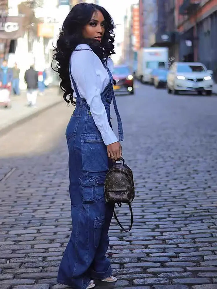 Women's denim jumpsuit with suspender straps, loose fit — alternate angle