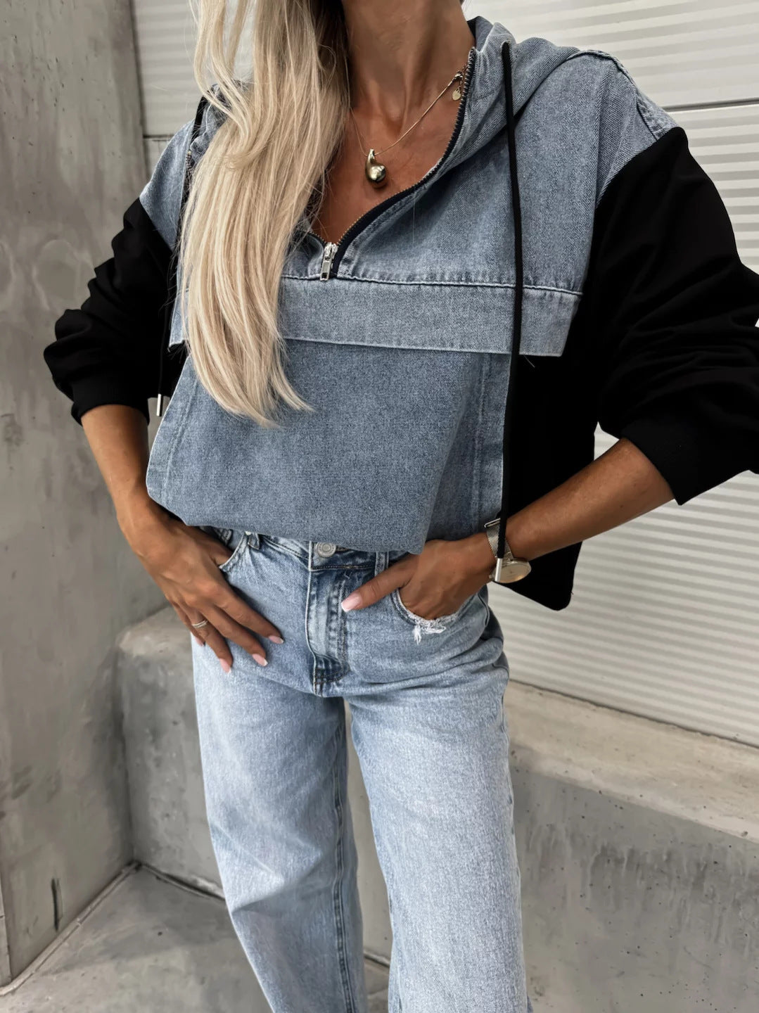 Women's denim patchwork hoodie