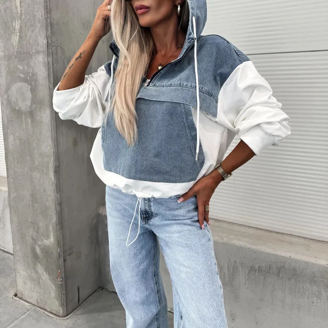 Women's denim patchwork hoodie — alternate angle