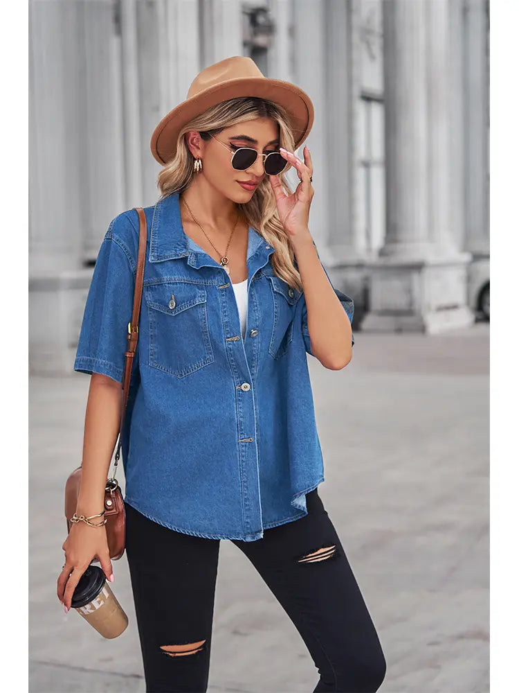 Women's Denim Short-Sleeve Cardigan