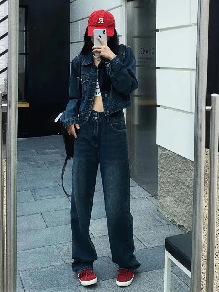 Women's cropped denim jacket and wide-leg jeans two-piece set