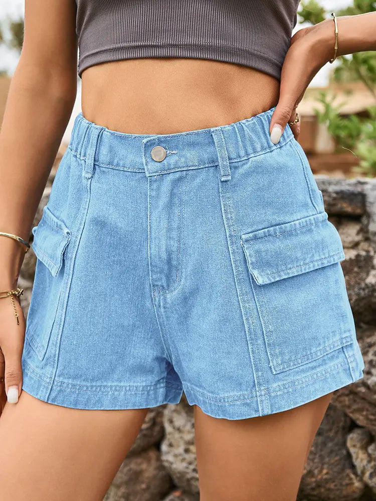 Women's Distressed Denim Cargo Shorts — waistband detail