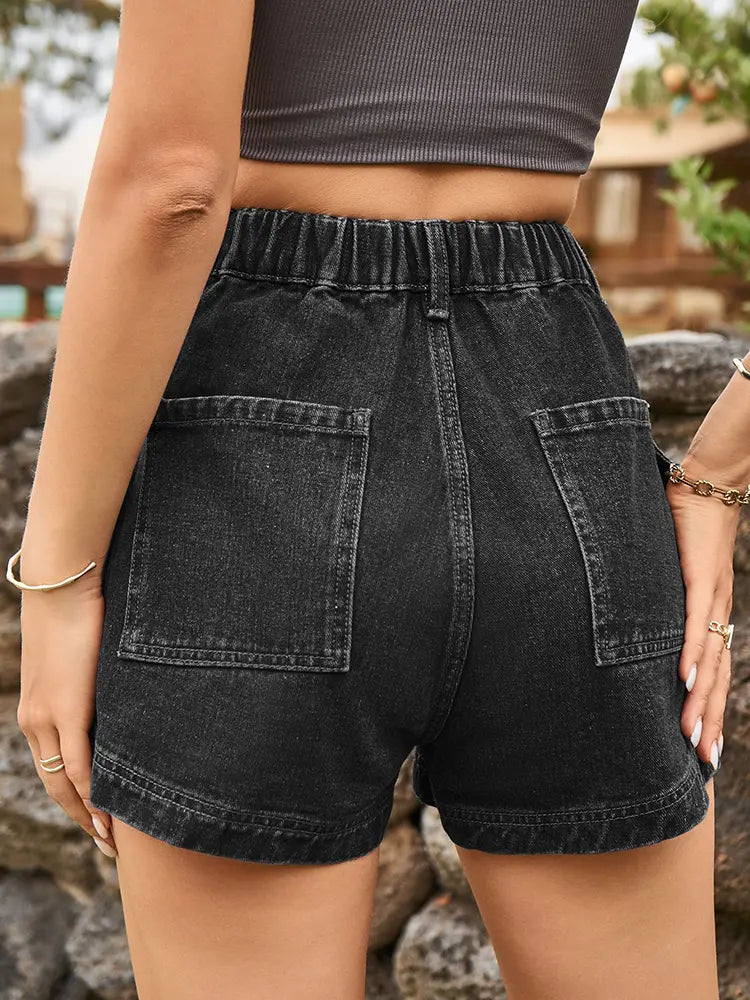 Women's Distressed Denim Cargo Shorts — pocket detail