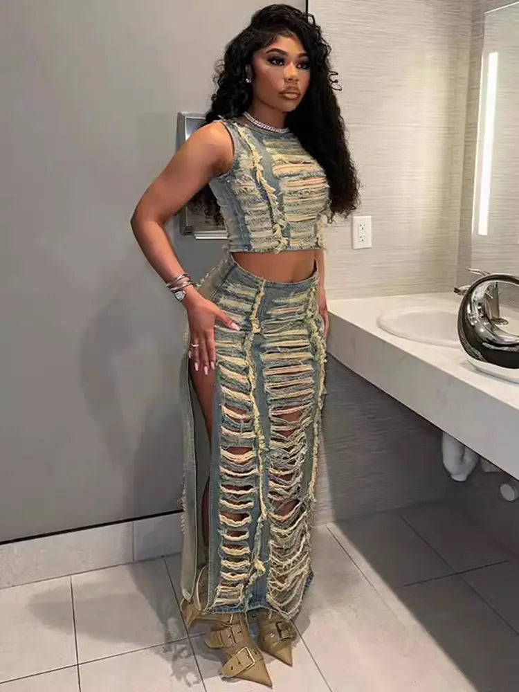 Women's distressed denim vest skirt set — alternate angle