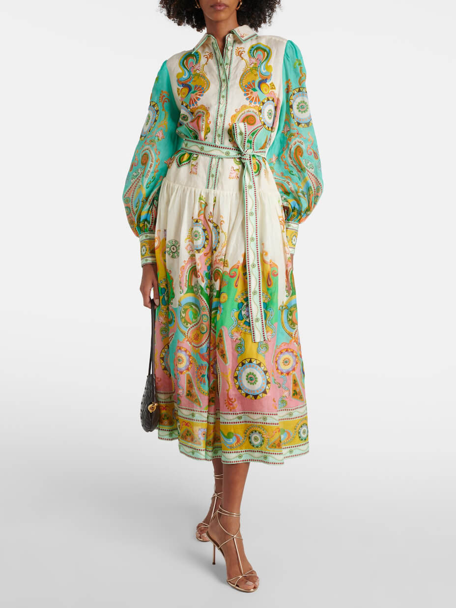 Women's doodle print puff sleeve tie midi dress