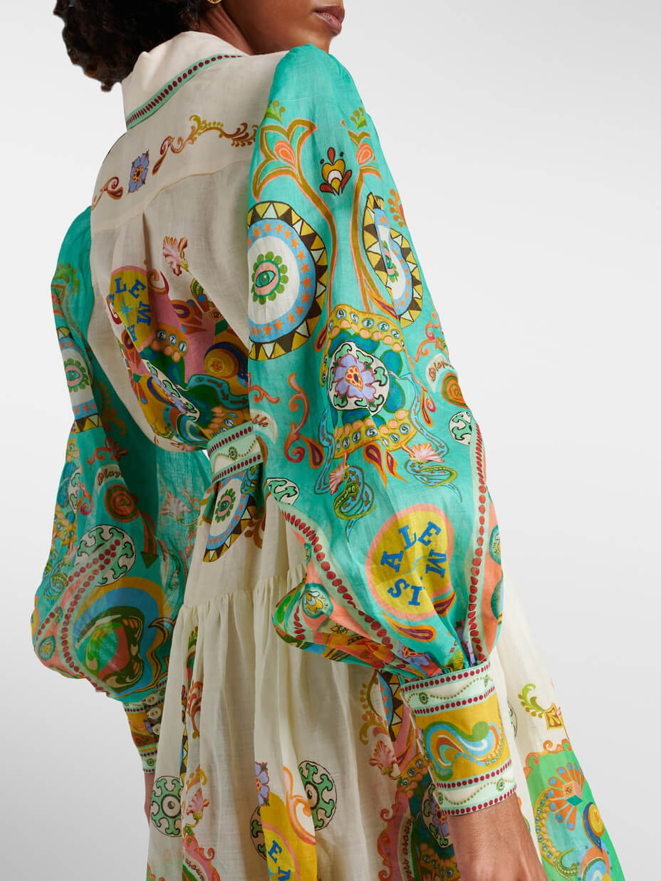 Women's doodle print puff sleeve tie midi dress