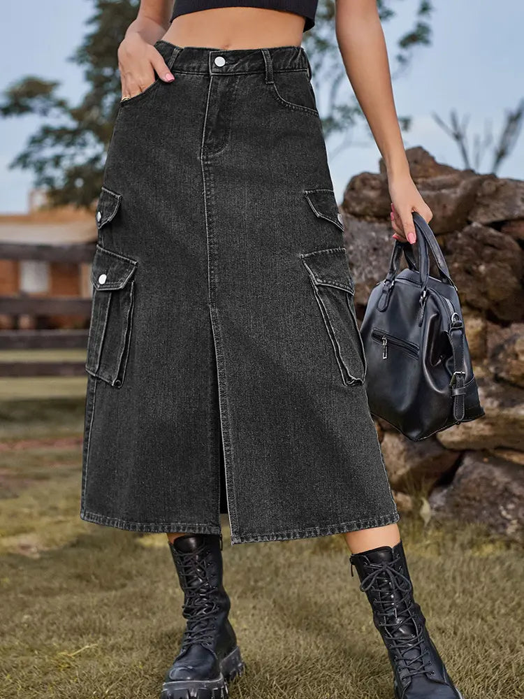 Women's Elastic Waist Denim Midi Skirt — front view
