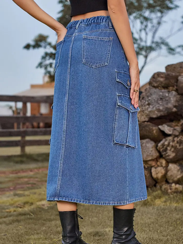 Women's Elastic Waist Denim Midi Skirt — pocket detail