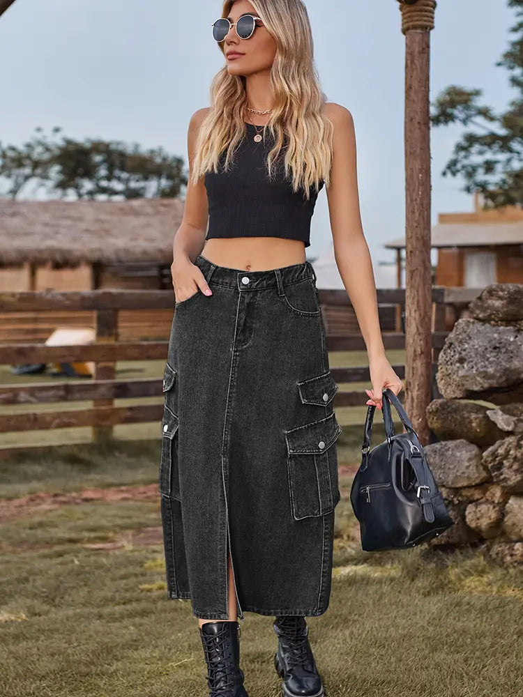 Women's Elastic Waist Denim Midi Skirt — back view