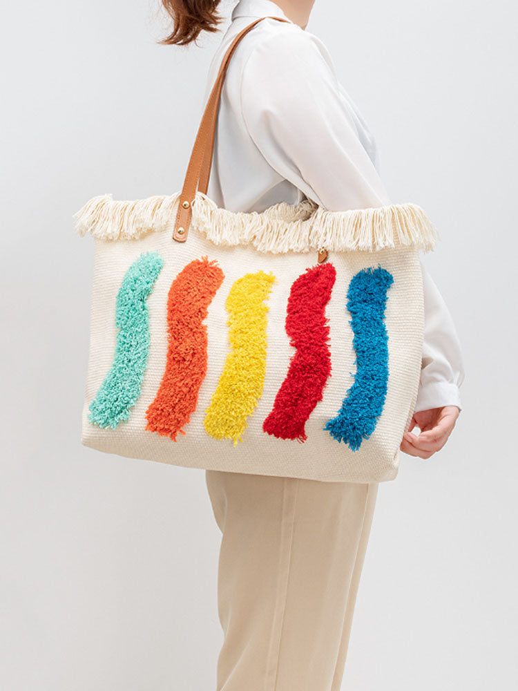 Women's embroidered rainbow pattern tote bag