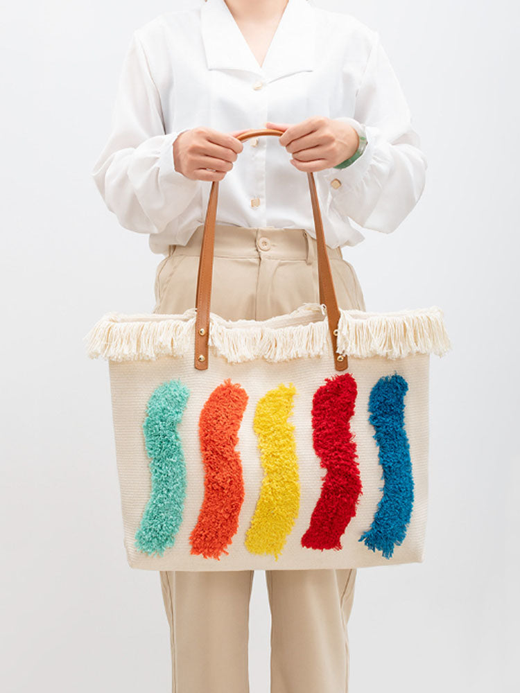 Women's embroidered rainbow pattern tote bag