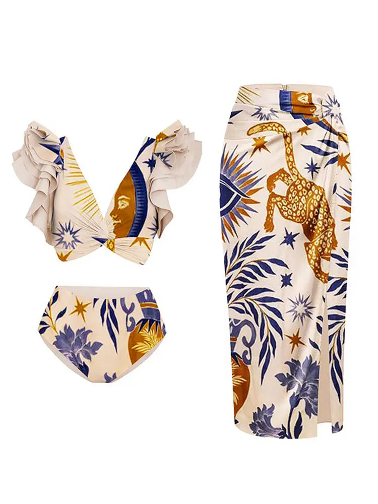 Women's ethnic print ruffle bikini set — front detail
