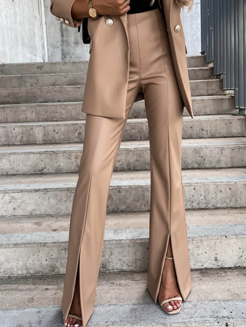 Women's Khaki Faux Leather Straight Trousers