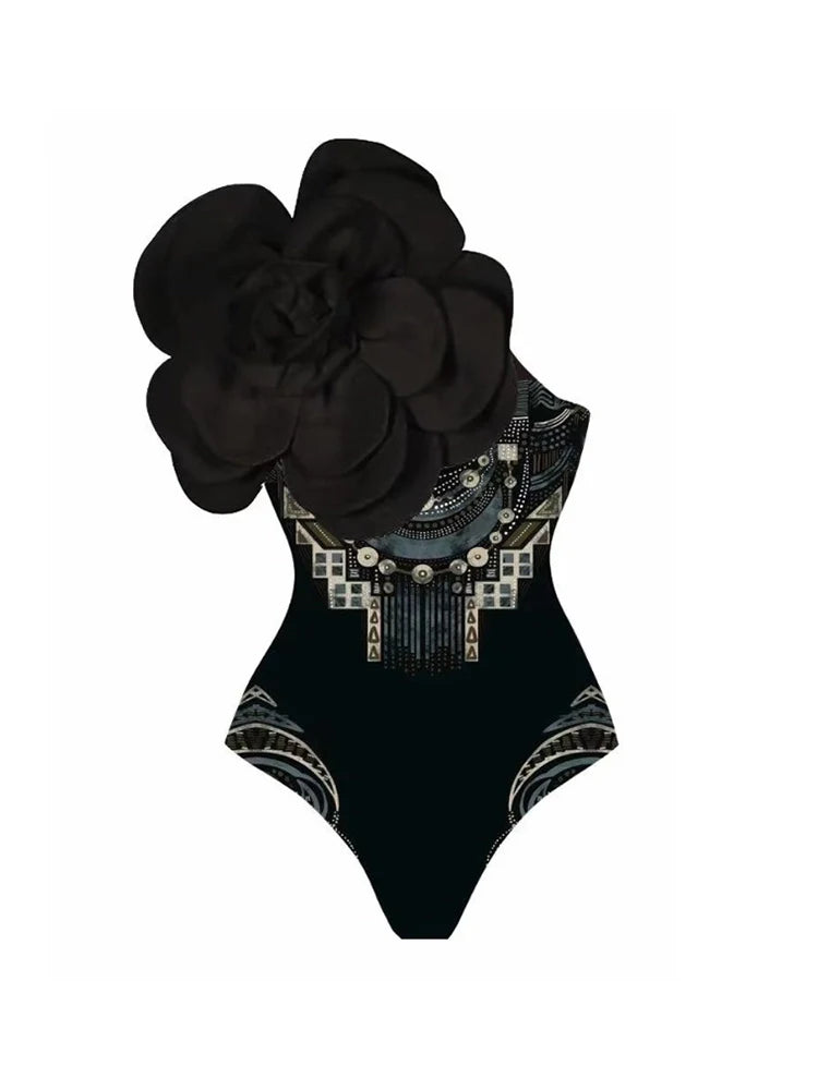 Women's floral 3D black flower swimsuit — alternate angle