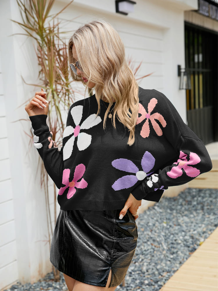 Women's Floral Print Crewneck Jumper — close-up detail